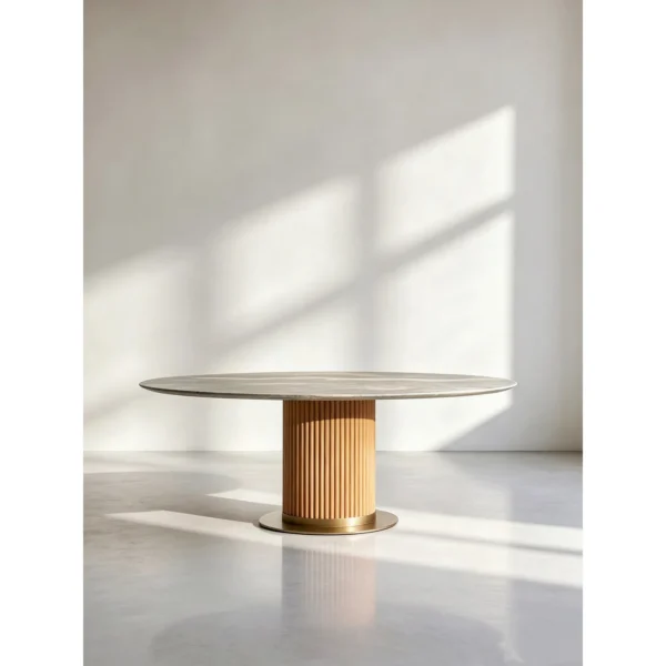 Murcell Blue Quartz Oval Dining Table on Slatted Wood Column in slate — in a room setting