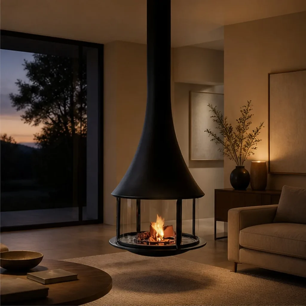 Muriel Suspended Trumpet Fireplace with Glass Ring, 100 cm in black — front view