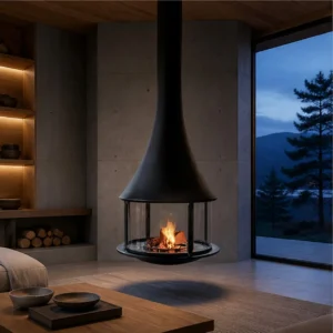 Muriel Suspended Trumpet Fireplace with Glass Ring, 100 cm in black — in a room setting