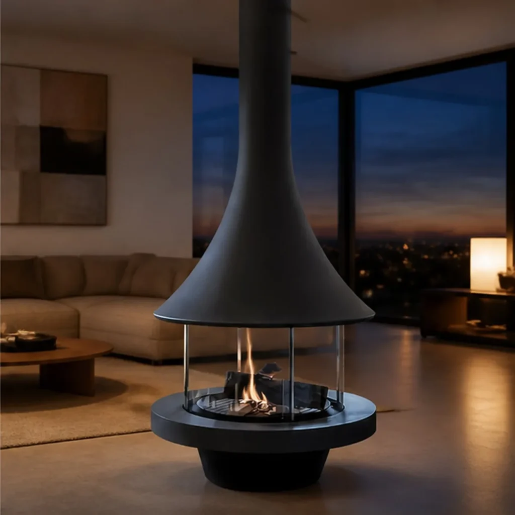 Muriel Suspended Trumpet Fireplace with Glass Ring, 90 cm in black — front view