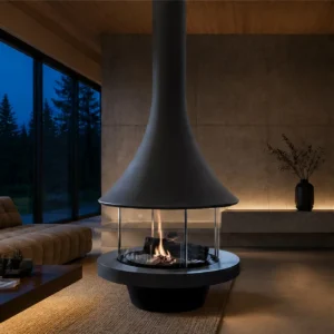 Muriel Suspended Trumpet Fireplace with Glass Ring, 90 cm in black — in a room setting