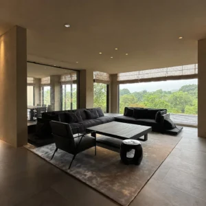 Black Linen Sofa with Loose Cushions in black — front view