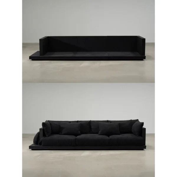 Black Linen Sofa with Loose Cushions in black — in a room setting