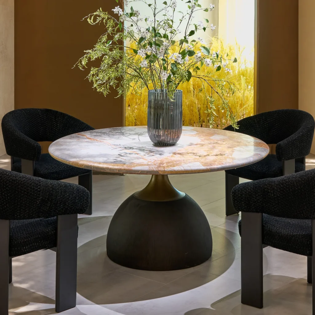 Amber Gold Marble Round Table on Turned Wood Dome Base in clay — front view