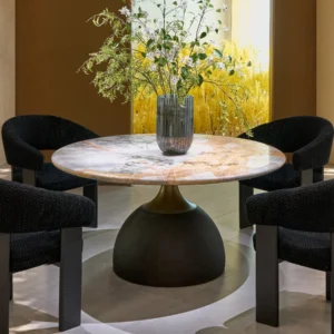 Amber Gold Marble Round Table on Turned Wood Dome Base in clay — front view