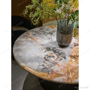 Amber Gold Marble Round Table on Turned Wood Dome Base in clay — in a room setting