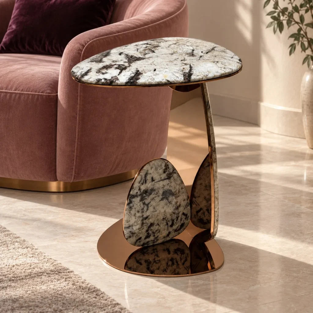 Mushroom Drop Marble Side Table on Rose Gold Steel Base in brushed brass — front view