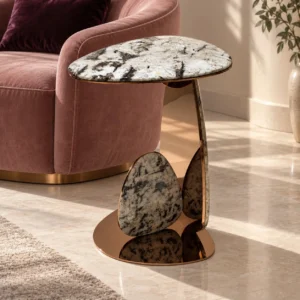 Mushroom Drop Marble Side Table on Rose Gold Steel Base in brushed brass — front view