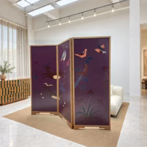 Mystic Garden Hand-Painted Folding Screen in plum — front view