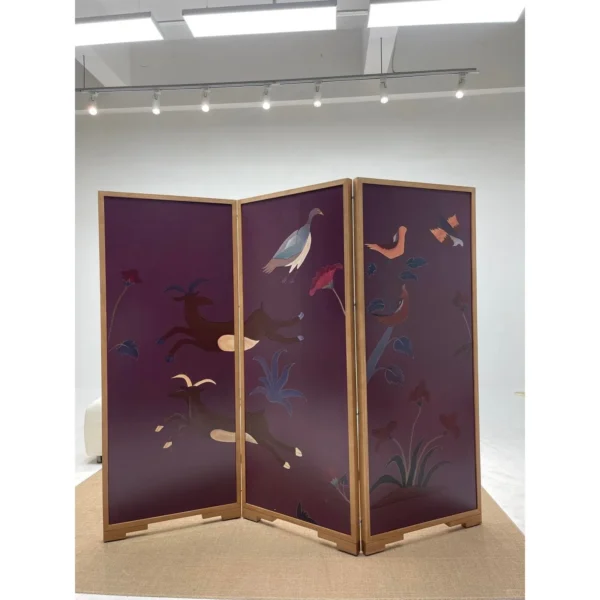 Mystic Garden Hand-Painted Folding Screen in plum — in a room setting