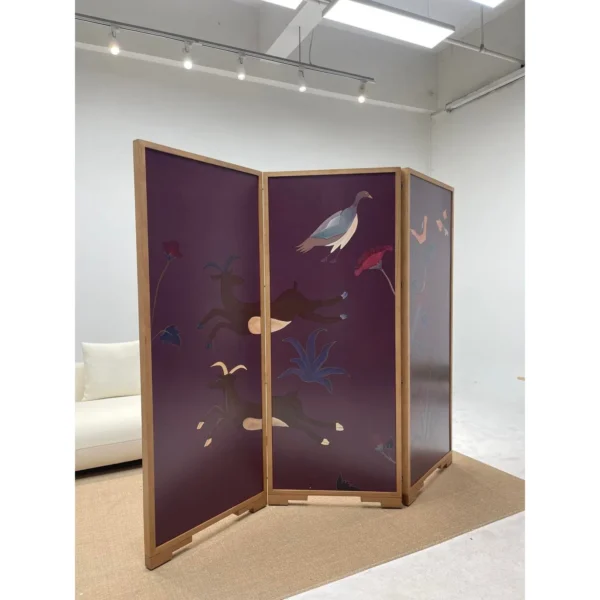 Mystic Garden Hand-Painted Folding Screen in plum — in a room setting