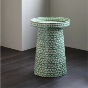 Green Shadow Capiz Shell Tray-Top Pedestal Side Table in olive — front view