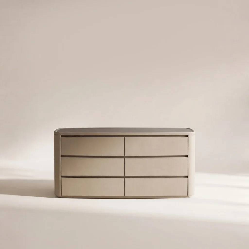Milk-Coffee Nappa Leather Six-Drawer Chest in sand — front view