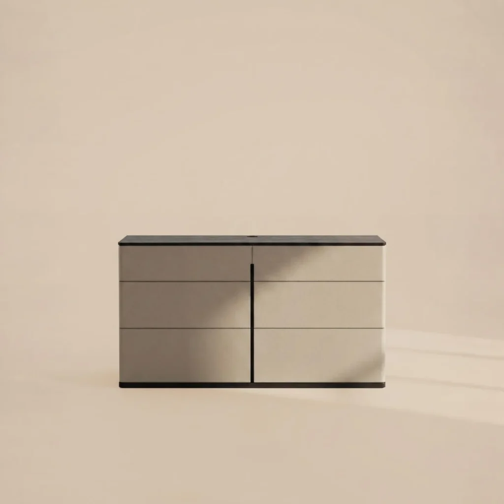 Nappa Leather Six-Drawer Chest with Vertical Seam Pulls in sand — front view