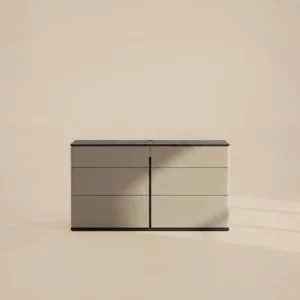 Nappa Leather Six-Drawer Chest with Vertical Seam Pulls in sand — front view