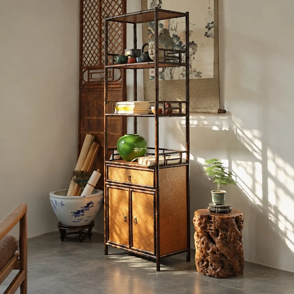 Narrow Bamboo Bookshelf Cabinet with Woven Doors in clay — front view