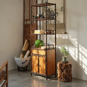 Narrow Bamboo Bookshelf Cabinet with Woven Doors in clay — front view