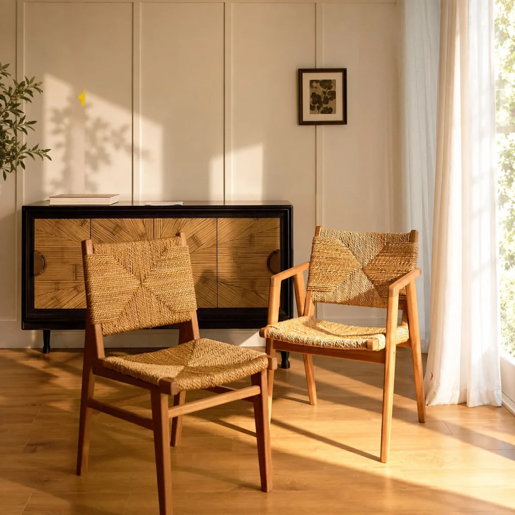Teak Dining Chairs with Hand-Woven Seagrass Seat and Back in natural oak — front view