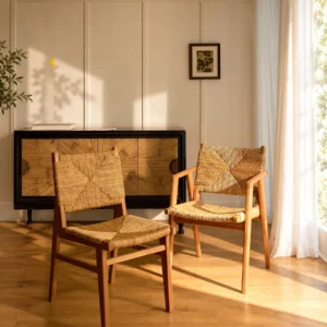 Teak Dining Chairs with Hand-Woven Seagrass Seat and Back in natural oak — front view