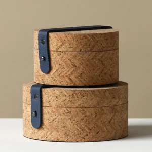 Natural Cork Woven-Texture Round Storage Box in sand — front view