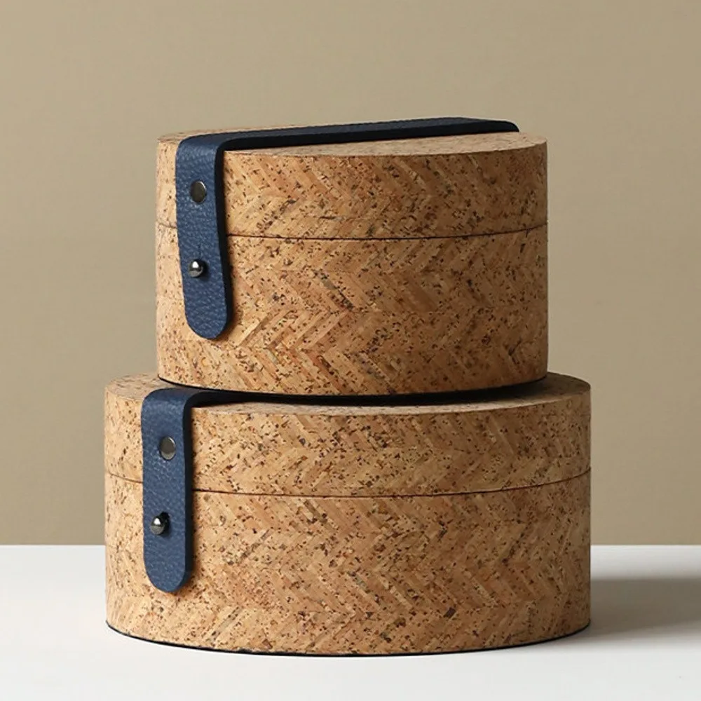 Natural Cork Woven-Texture Round Storage Box in sand — front view