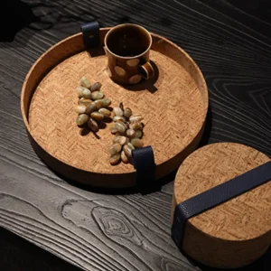 Natural Cork Round Tray with Leather Strap Handles in clay — front view