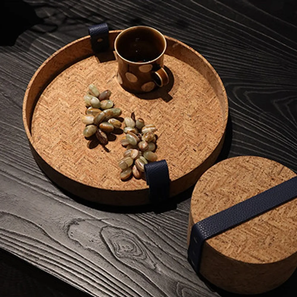 Natural Cork Round Tray with Leather Strap Handles in clay — front view
