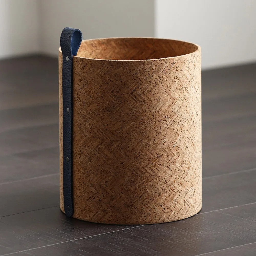 Natural Cork Woven-Texture Storage Bucket in sand — front view