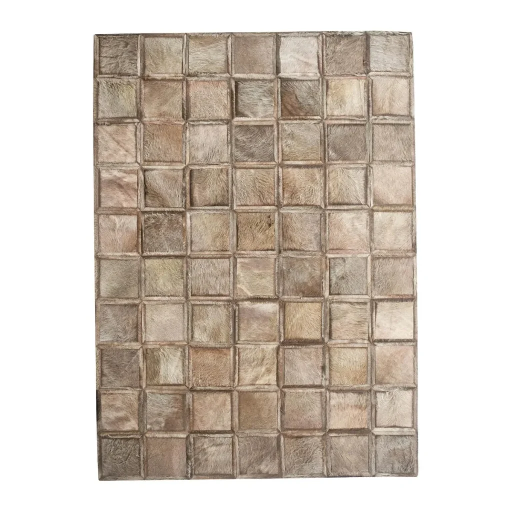 Natural Cowhide Patchwork Rug in Sand Squares — front view