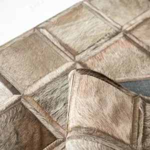 Natural Cowhide Patchwork Rug in Sand Squares — in a room setting