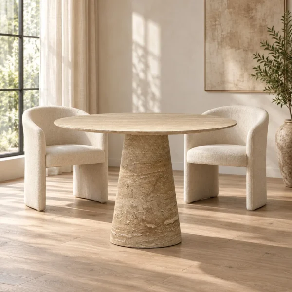 Cream Travertine Round Dining Table on Cone Base in oatmeal — in a room setting
