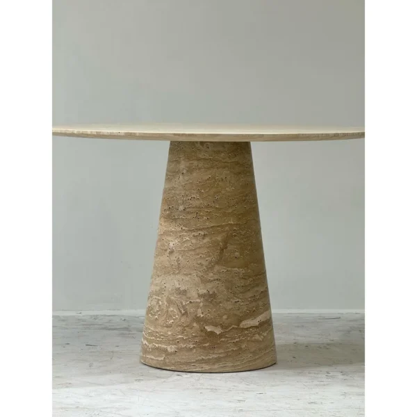 Cream Travertine Round Dining Table on Cone Base in oatmeal — in a room setting