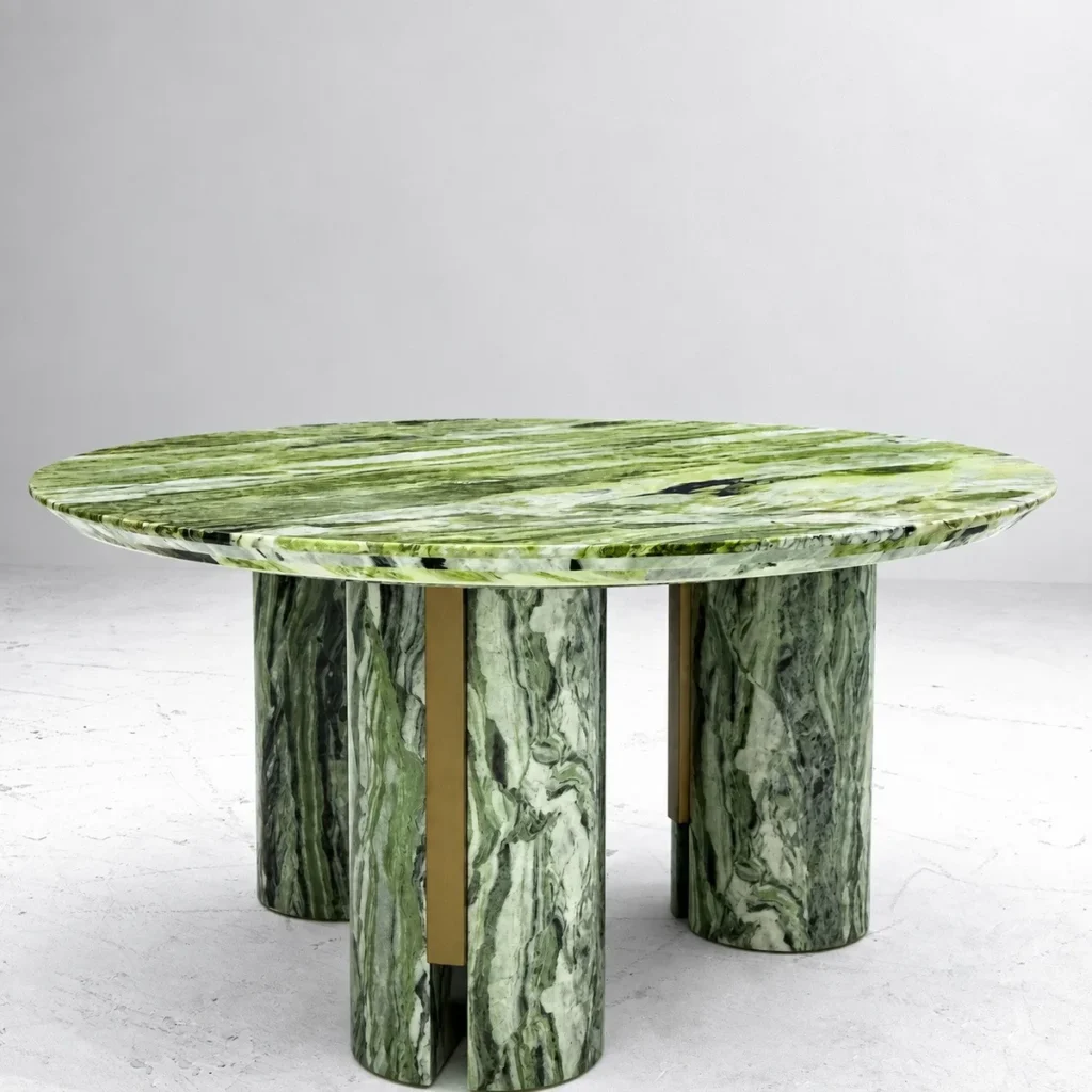 Emerald Green Stone Oval Dining Table on Column Base in olive — front view