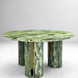 Emerald Green Stone Oval Dining Table on Column Base in olive — front view