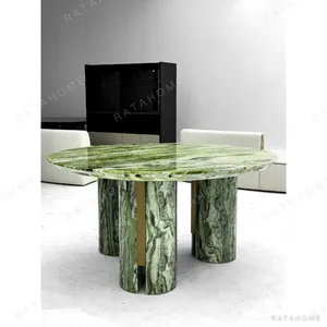 Emerald Green Stone Oval Dining Table on Column Base in olive — in a room setting