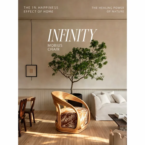 Bentwood Rattan Loop Lounge Chair with Patterned Cushion in natural oak — in a room setting