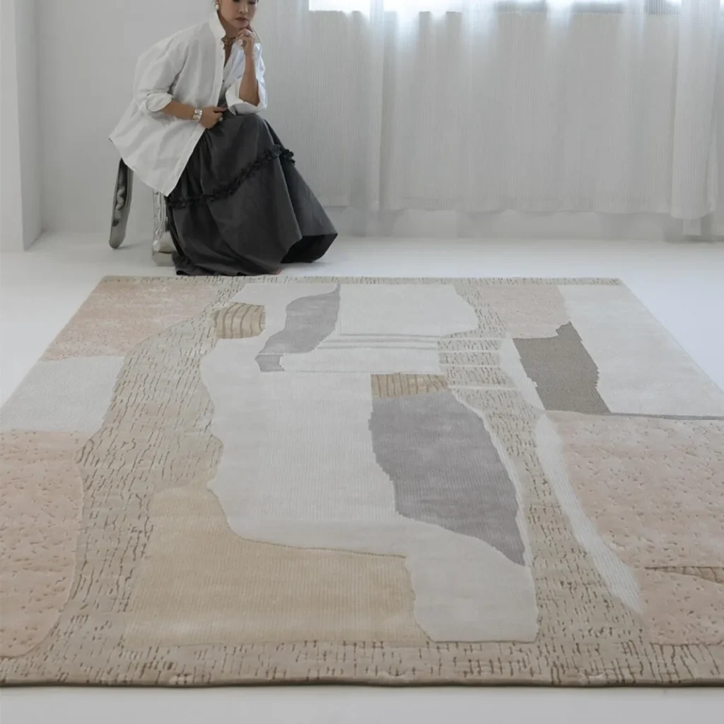 Natural Landform Abstract Patchwork Rug in Sand and Grey — front view