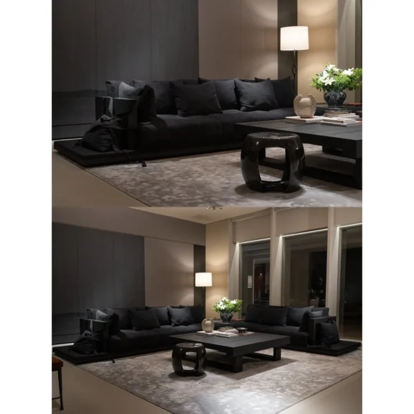 Natural Linen Low-Back Modular Sofa in black — in a room setting