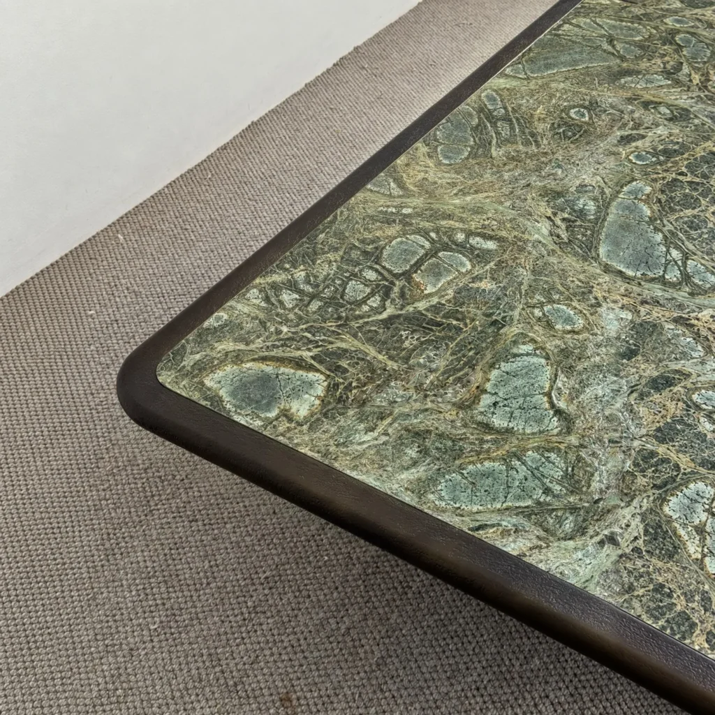 Green Marble Coffee Table with Black Ash Edge, 150 x 110 cm in olive — front view