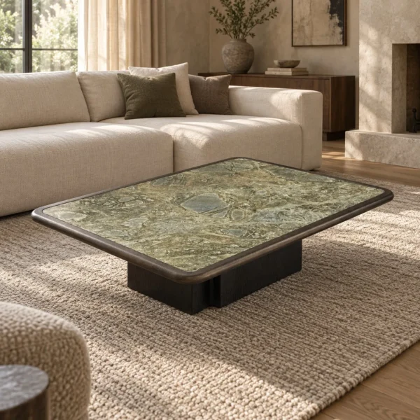 Green Marble Coffee Table with Black Ash Edge, 150 x 110 cm in olive — in a room setting
