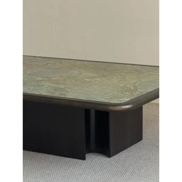 Green Marble Coffee Table with Black Ash Edge, 150 x 110 cm in olive — in a room setting