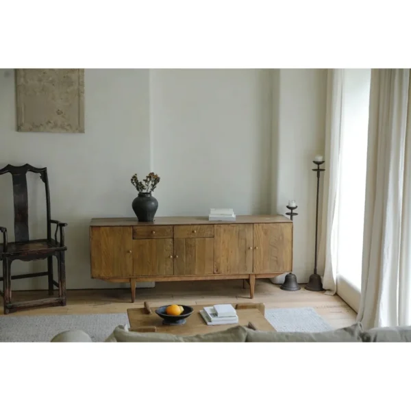 Reclaimed Wood Sideboard with Panelled Doors in natural oak — in a room setting