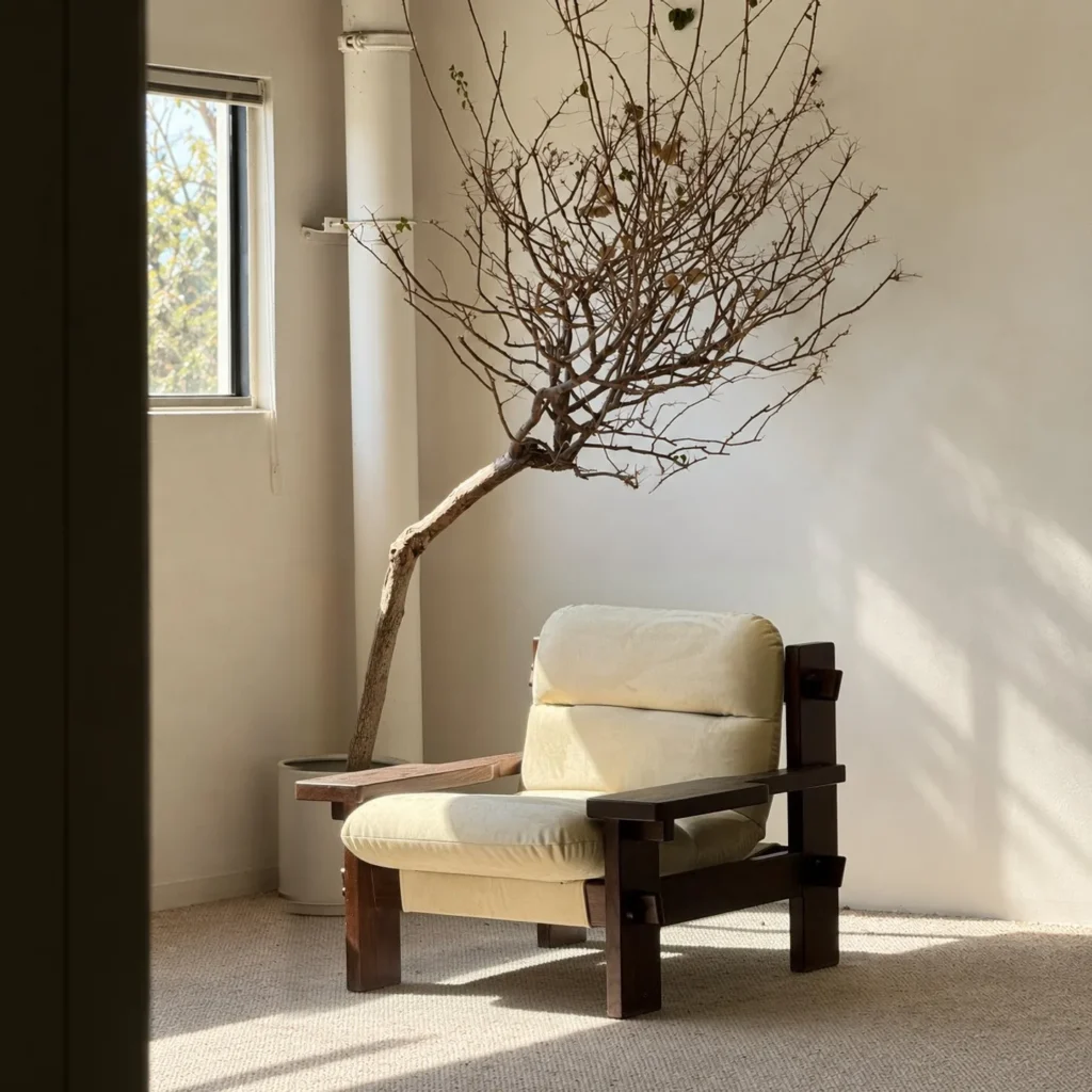 Mid-Century Solid Wood Block Frame Lounge Chair in walnut — front view