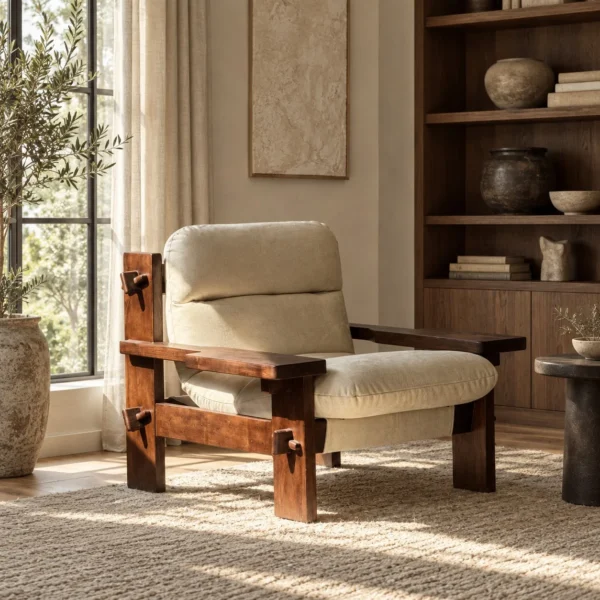 Mid-Century Solid Wood Block Frame Lounge Chair in walnut — in a room setting