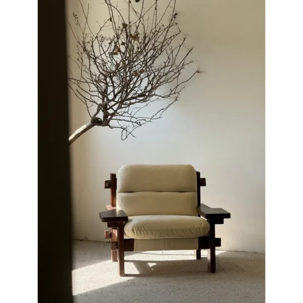 Mid-Century Solid Wood Block Frame Lounge Chair in walnut — in a room setting
