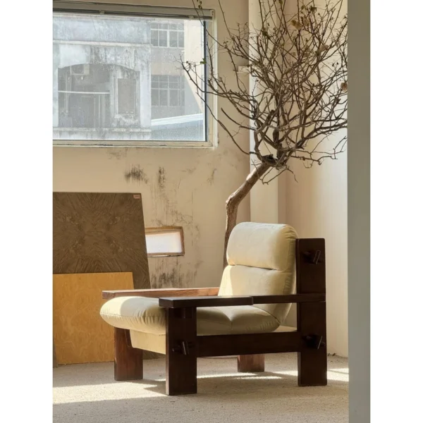 Mid-Century Solid Wood Block Frame Lounge Chair in walnut — in a room setting