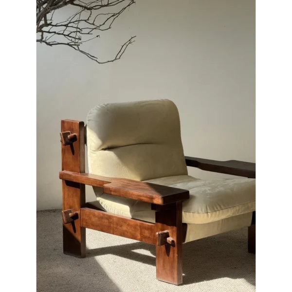 Mid-Century Solid Wood Block Frame Lounge Chair in walnut — in a room setting