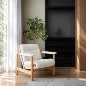 Falling Snow Oak Armchair in White Bouclé — front view