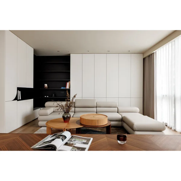 Falling Snow Oak Armchair in White Bouclé — in a room setting
