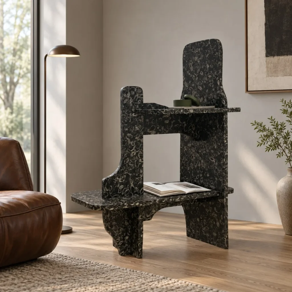 Sculptural Black Terrazzo Stone Bookshelf in black — front view